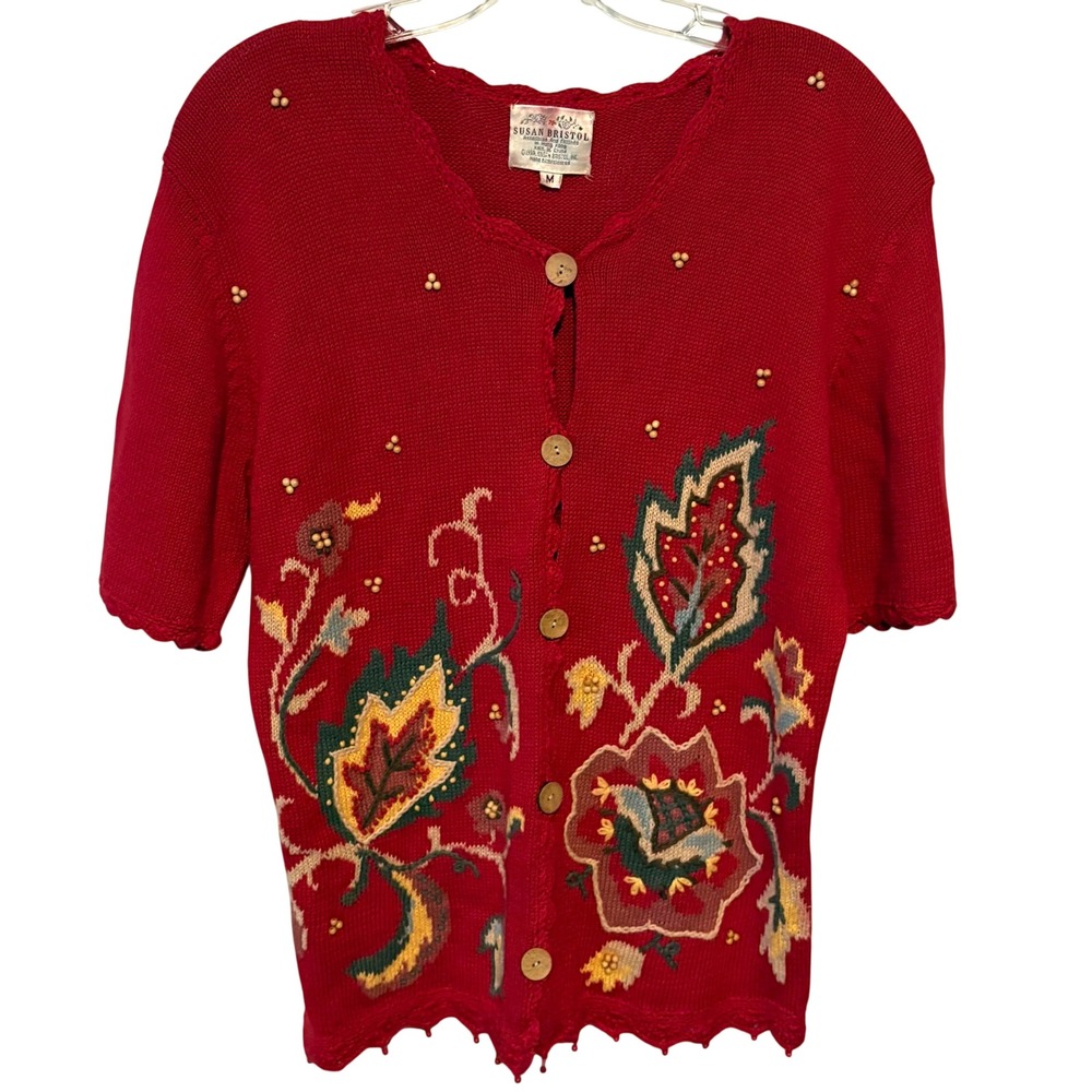 Susan Bristol Women's Vintage‎ Embroidered Short Sleeve Cardigan in Size M